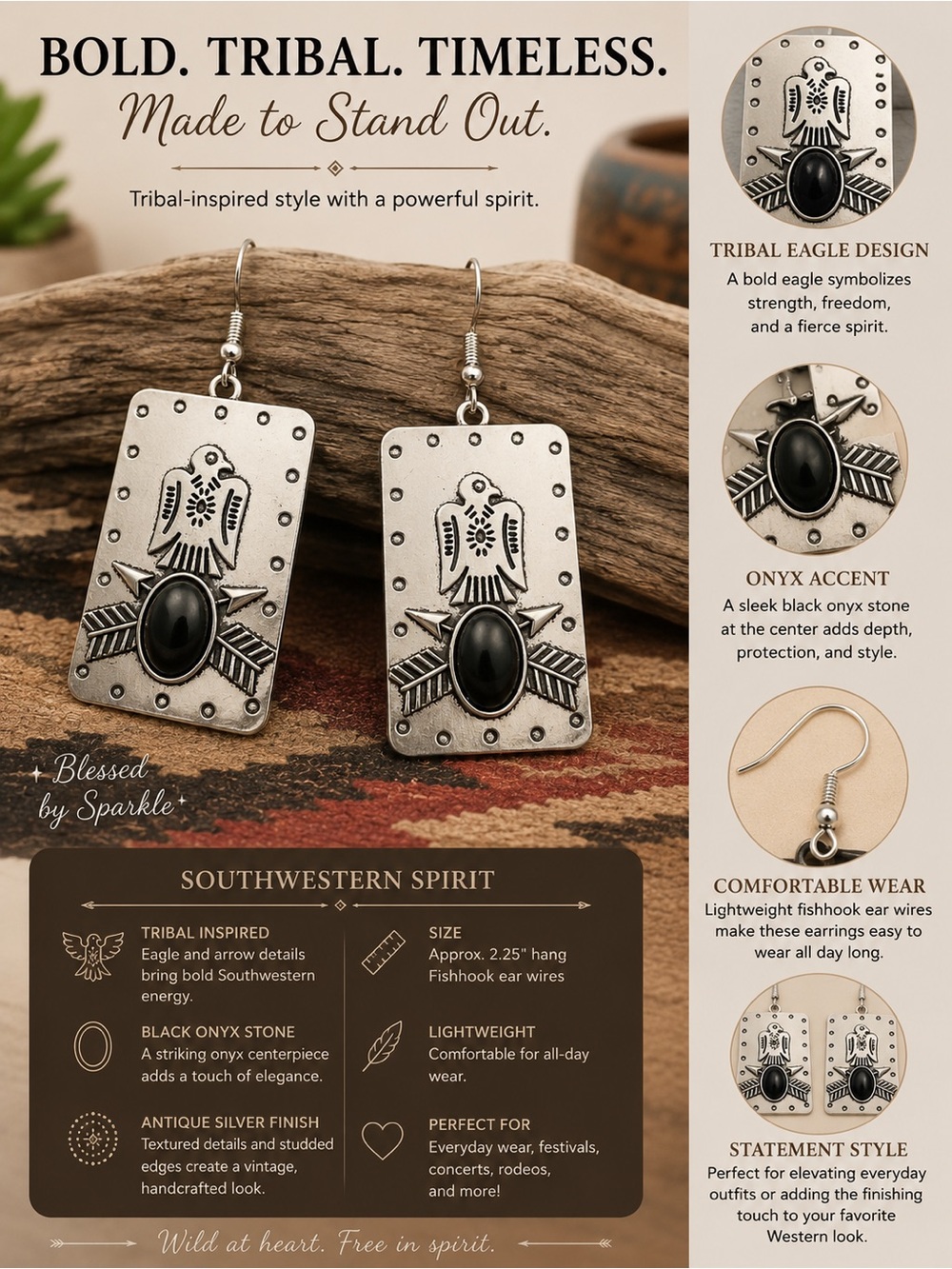 paparazzi Antique Silver Tribal Eagle Drop Earrings with Black Onyx Accent